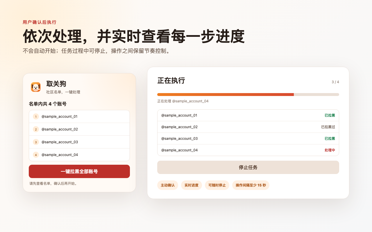 取关狗 X Twitter 名单处理与批量拉黑插件商店截图