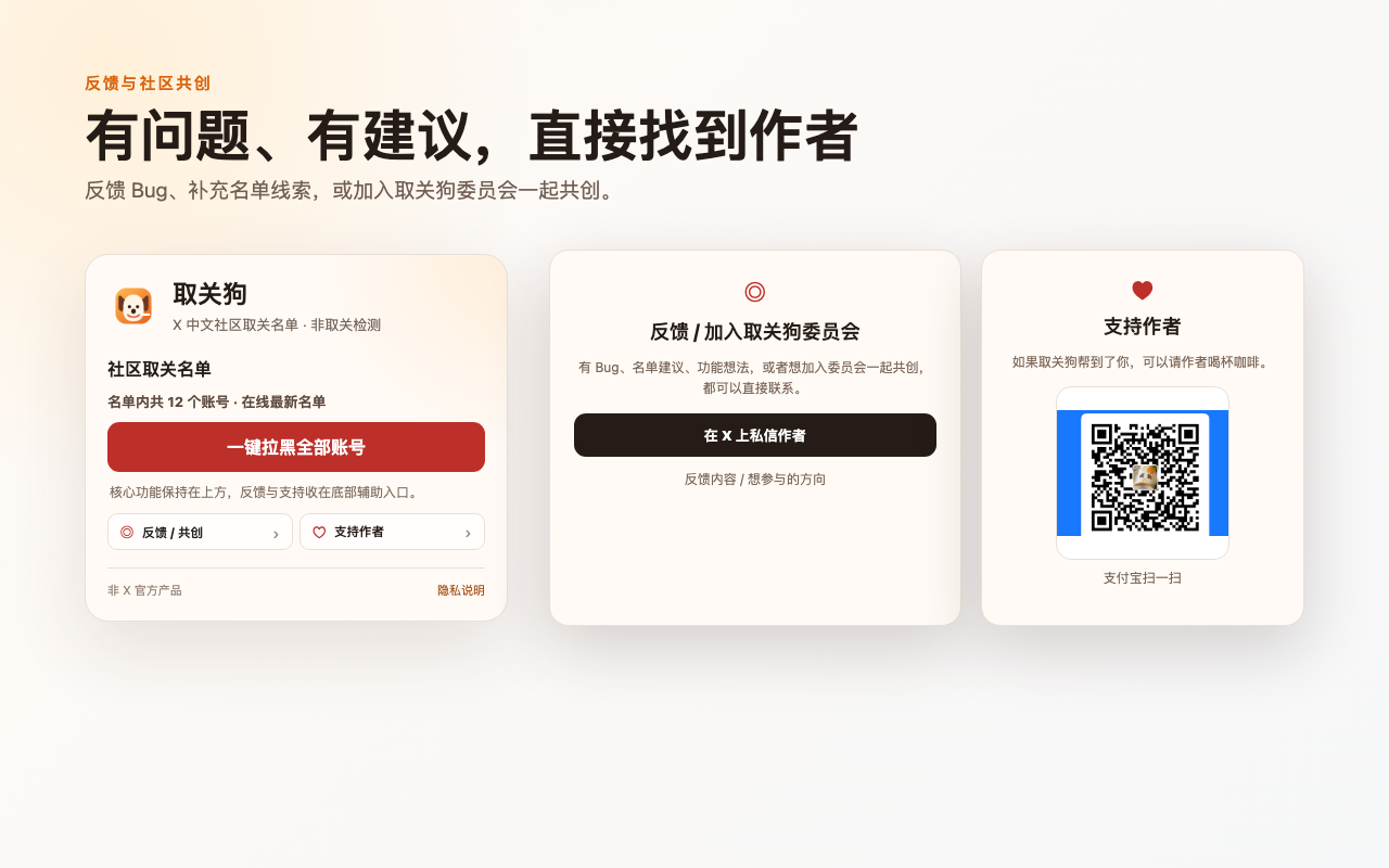 取关狗浏览器插件隐私反馈共创与使用说明商店截图