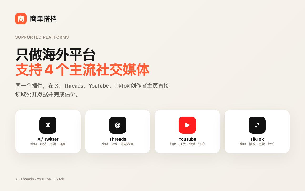 Threads X YouTube TikTok博主账号估值与商单报价插件